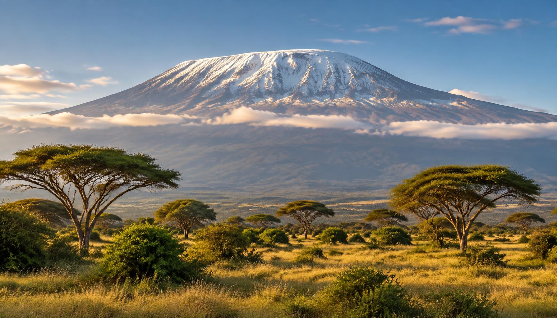 Snow-capped Mount Kilimanjaro above sunlit savanna and acacia trees